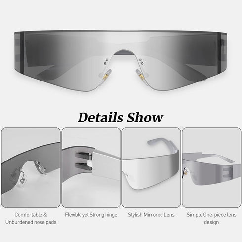Futuristic Wrap Around Sunglasses Y2K Silver Trendy Rimless Glasses Cyberpunk Eyewear for Women Men Rave Party...