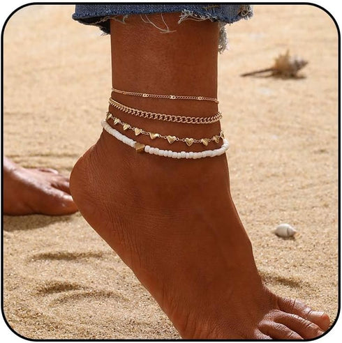 Adzoni Gold Ankle Bracelets for Women 4Pcs 14K Gold Plated Anklets Layered Beaded Chains Waterproof Anklets Set Summer Beach Jewelry Gift for Wome...