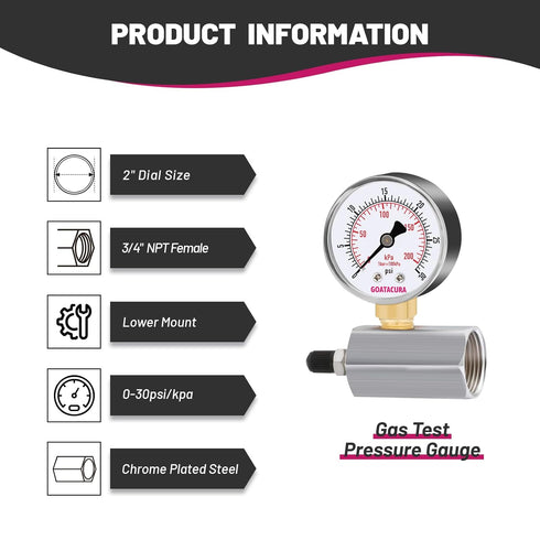 0-100psi/kpa Gas Test Pressure Gauge, 2" Dial Size, 3/4" FNPT Connection, Chrome Plated Steel Body Assembly, 3-2-3% Accuracy…...