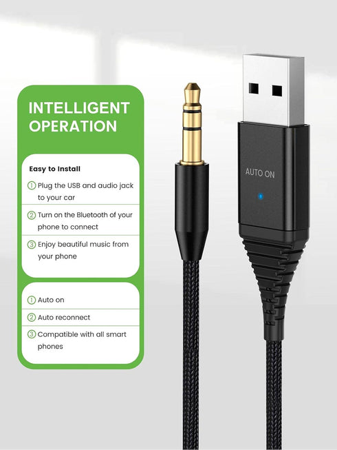 Bluetooth Aux Adapter for Car, USB Aux Bluetooth 5.2 Receiver with 3.5mm Jack Kit, Handsfree Calling, Music Streaming, Compatible with Trucks, Veh...