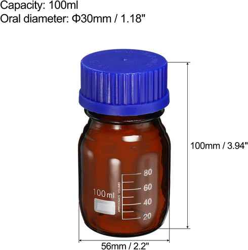 PATIKIL 100mL Reagent Media Bottle, 1Pcs Round Graduated Glass Storage Bottle Blue Screw Cap for Chemistry Lab Universities Home, Amber...