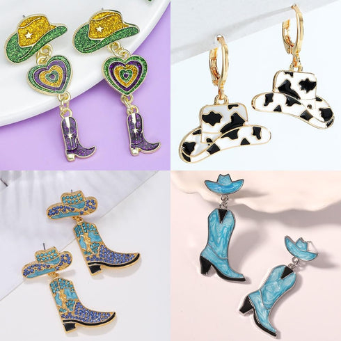 12 Pairs Beaded Cowboy Earrings for Women Pendant Rhinestone Enamel Boot Hat Drop Dangle Earrings...