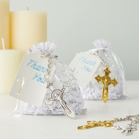 Juvale 24 Pack Christian Cross Keychains, Bulk Religious Key Holders for First Communion, Easter, Baptism, Funeral Favors for Guests (Silver, Gold...