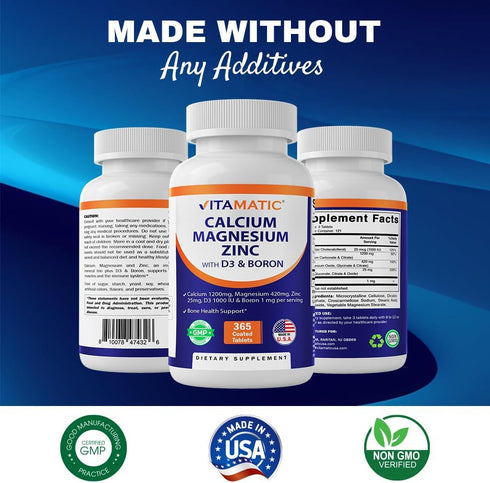 Vitamatic Calcium Magnesium Zinc D3 Boron | 365 Coated Tablets Supplement | Calcium 1200 mg, Magnesium 420mg, Zinc 25mg, Vitamin D3 1000 IU, Boron...