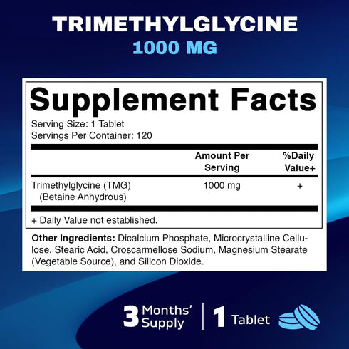 Vitamatic TMG Supplements 1000mg - Trimethylglycine - Betaine Anhydrous - 120 Tablets - 120 Servings - Non-GMO & Gluten Free...