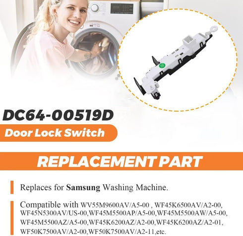 Beaquicy DC64-00519D Door Lock Switch OEM replacement exact fit Samsung washer model wf42h5200aw, wa48j7700aw/a2, wv55m9600av/a5, wf45n5300av/us