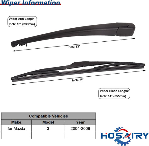 Rear Wiper Arm Blade Set for Mazda 3 sport Hatchback 2004-2009 Rear Windshield Wiper Arm Blade Assembly BP4K-67-421...