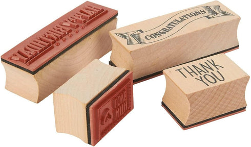 Juvale 4-Piece Rubber Stamps for Card Making - Brown Wood Blocks 3 x 1 in & 1.5 x 1 in - Includes Happy Birthday, Thank You, Congratulations & wit...