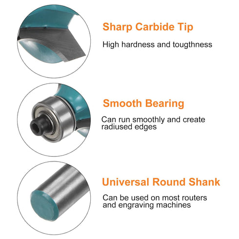 2pcs Roundover Router Bit 1/4 Shank 5/16" Radius Carbide Tipped Edge Rounding Over Bit with Bearing Guide, Woodworking Milling Tool, Cyan...