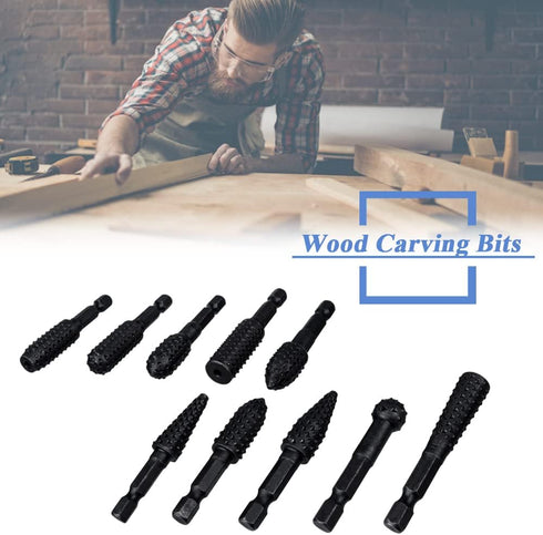 Mesee 10 Pieces Rotary Burr Rasp Set, 1/4 Inch Hex Shank Quick Change Wood Carving Drill Bits Carbon Steel File Rasp DIY Woodworking Tool for Wood...