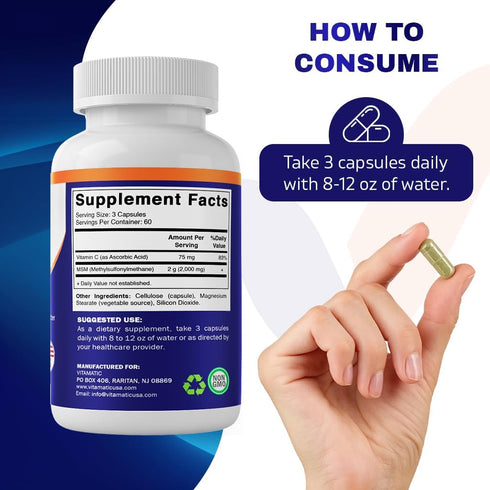 Vitamatic MSM 2000 mg with Vitamin C 75mg per Serving - 180 Veg Capsules - Vitamin C Aid in better absopriton of MSM (Methylsulfonylmethane) - Non...