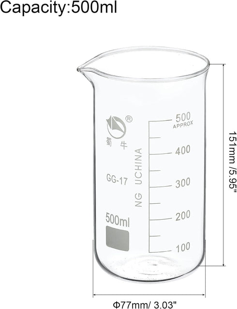 PATIKIL 500ml Tall Form Glass Beaker, 3.3 Borosilicate Glass Graduated Printed Scale Measuring Cups with Spout for Kitchen Lab Liquids Transit Boi...