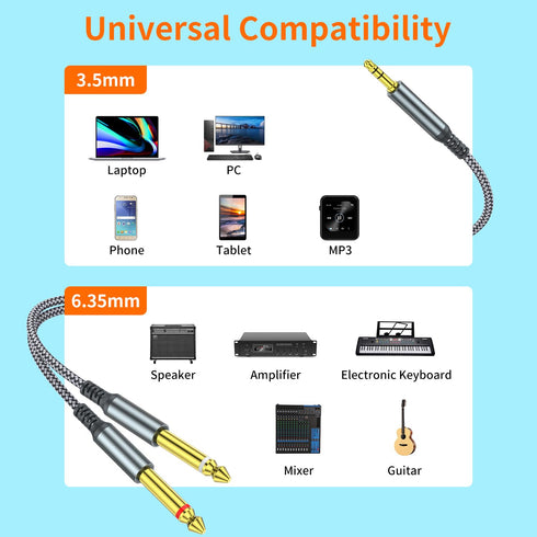 1/8 to 1/4 Stereo Cable,6.6FT 3.5mm TRS to Dual 6.35mm 1/4 TS Mono Y Splitter Audio Cord Adapter Compatible with iPhone, PC, Computer Sound Card, ...