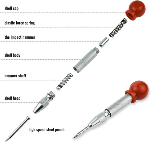 2 Pack Automatic Center Punch, 5 Inch Crushing Hand Tool Spring Punch with Cushion Cap, Metal Impact Center Hole Punch for Metal Wood Glass Plasti...