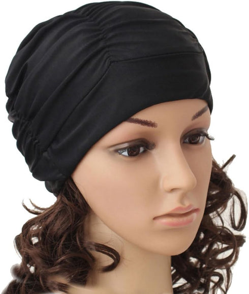 Women Ladies Pleated Cloth Fabric Swimming Hat Swim Hat Cap Bathing Cap Black...