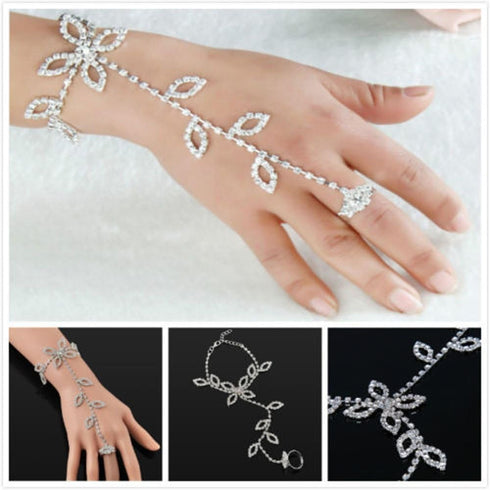 yueton Rhinestone Leaf Hand Harness Bracelet Bangle Fashion Ankle Bracelet Anklet with Chain Link Finger Ring for Women Sandals Beach Foot Jewelry...