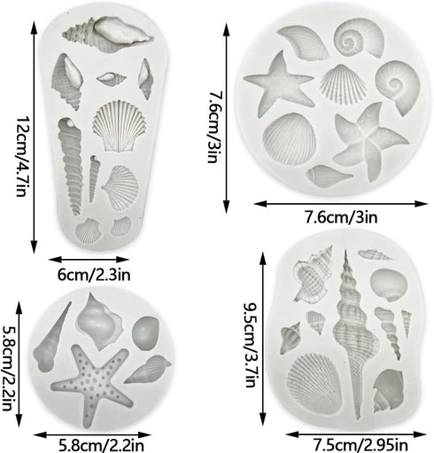 4 PCS Marine Theme Cake Fondant Silicone Mold Seashell Conch Starfish Baking Molds, For Theme Cake Cookie Chocolate Candy Decoration Fondant Polym...