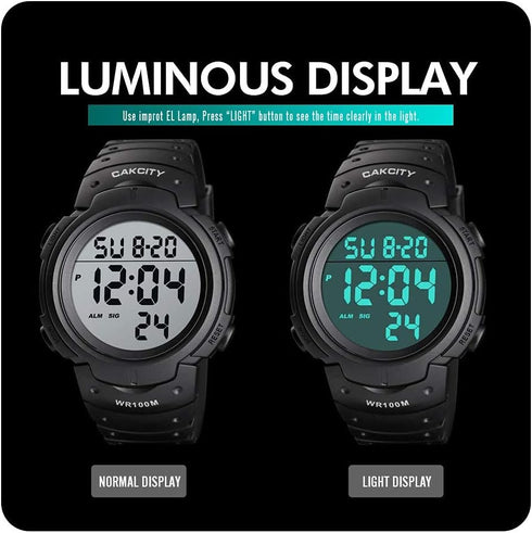 CakCity Digital Sport Watches for Men Waterproof 100M Wrist Watches with Alarm Stopwatch LED Large Display Black - Upgraded Version...