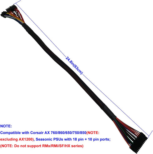 COMeap 24 Pin ATX Cable for Corsair AX Series and Seasonic PSUs, 18 Pin + 10 Pin to 24 Pin ATX PSU Power Adapter Sleeved 24.8-inch(63cm)...