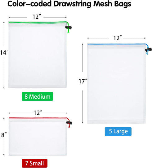 Frienda 20 Pieces Reusable Produce Bags Mesh Pouch Toy Storage Bags Drawstring Washable Organization 5 Large 8 Medium 7 Small for School Office, P...