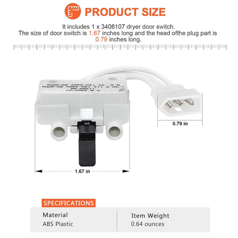 WP3406107 3406107 Dryer Door Switch by Beaquicy - Replacement for Whirlpool, Ken-More, Roper, Amana, Crosley Dryer - Replaces 3406109 3405101 3405...