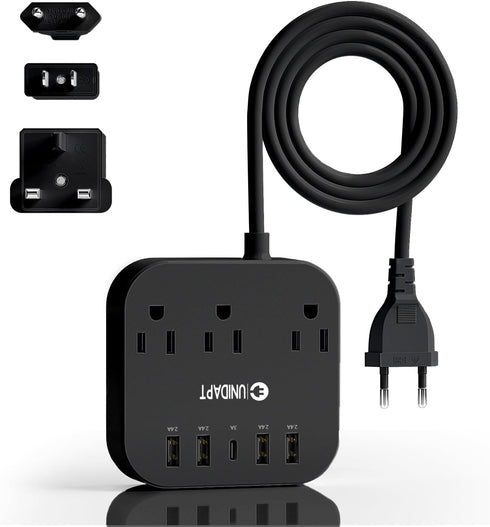 European Plug Adapter, Unidapt US to UK Europe Power Strip for EU/UK/US with USB C and 4 USB Ports, 3 AC Outlets, Wall Mountable, 5ft Extension Co...