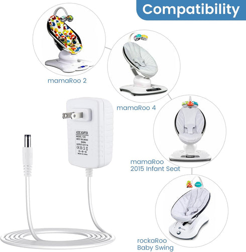 12V 3A Power Cord Replacement for 4moms mamaRoo 4, RockaRoo Baby Swing, AC Adapter Charger White...