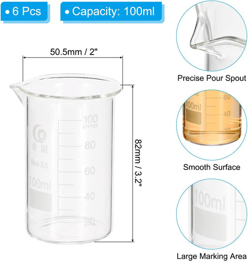 PATIKIL 100ml Tall Form Glass Beaker, 6Pcs 3.3 Borosilicate Glass Beakers Graduated Measuring Cup Beaker with Spout for Lab Experiments, Cooking a...
