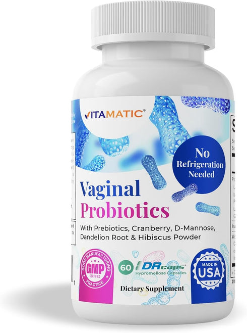 Vitamatic Vaginal Probiotics 20 Billions for Women pH Balance & Odor Control with Prebiotics & Probiotics 60 DR Capsules - Made with Cranberry, D-...
