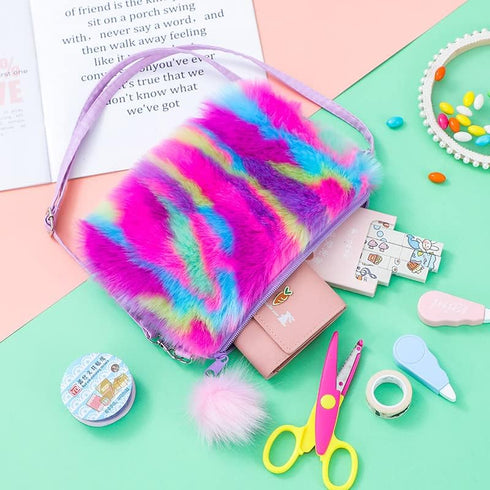 Women Girls Kids Fluffy Fuzzy Bag Plush Tie Dye Rainbow Crossbody Purse Wallet...