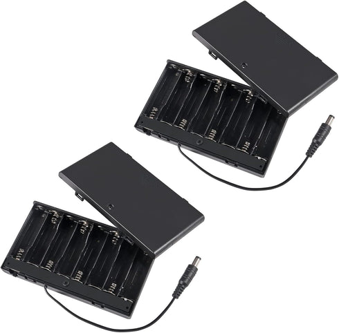 2Pcs 8 Slots AA Battery Holder Case Box 8 x 12V Battery Storage Box Battery Container Case with DC 5.5x2.1mm Male Connector and Cover ON/Off Switc...