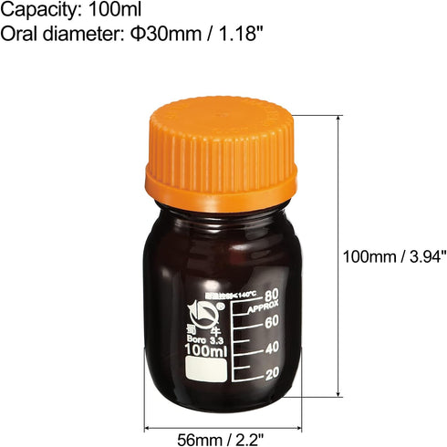 PATIKIL 100mL Reagent Media Bottle, 1Pcs Round 3.3 Borosilicate Glass Graduated Storage Bottle with Yellow Screw Cap for Chemistry Lab Universitie...