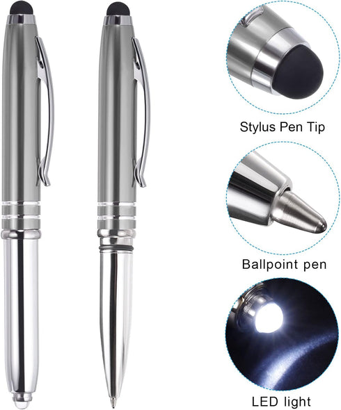 PATIKIL Ballpoint Pen with Stylus Tip and LED Flashlight, 2 Pack 3 in 1 Metal Pen Black Ink 1.0mm Medium Point Stylus Pen for Touch Screens, Gray...