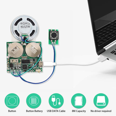 Recordable Sound Module, Icstation 8M USB Programmable Sound Chip with Speaker, Push Button Activated Charging Sound Board for DIY Music Greeting ...