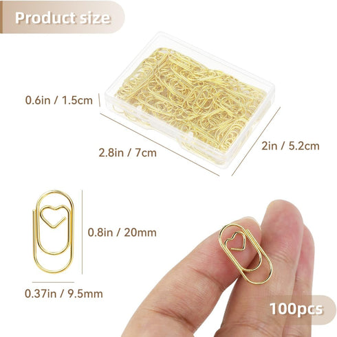 100 Pcs Love Heart Shaped Paper Clips, 0.78inch Cute Mini Paperclips for Office School Home Desk Organizers (Gold)...