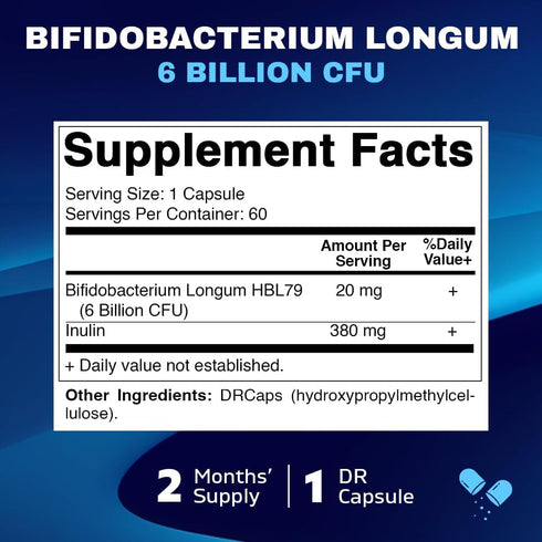 Vitamatic Bifidobacterium Longum 6 Billion CFU per DR Capsule - 60 Count - Promotes Intestinal Health - Made with Prebiotic Inulin Fiber...