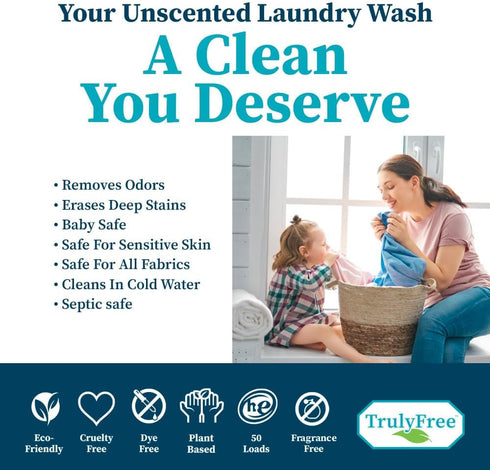 Laundry Wash Detergent for Sensitive Skin, Gentle & Safe for Baby Clothes | Plant-Based, Natural Ingredients | Unscented | Include 1 Refillable Bo...