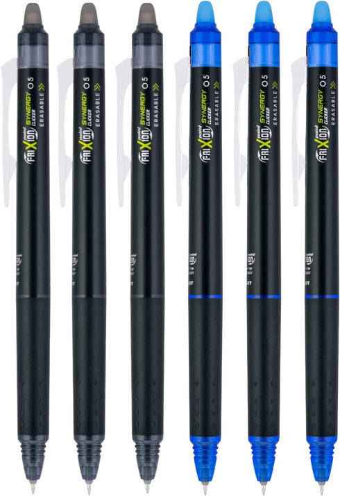 PILOT FriXion Synergy Clicker Retractable & Erasable Gel Ink Pens, 0.5mm Extra Fine Point, 6-pack (Black/Blue)...