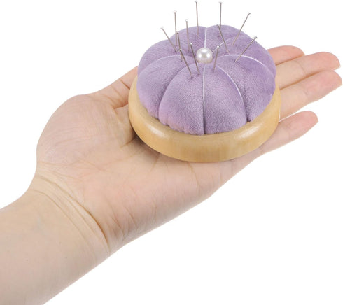 HARFINGTON Wooden Base Pin Cushion Japanese Style Cute Needle Holder Pincushions Round for Sewing Quilting Needlework DIY Crafts, Light Purple...
