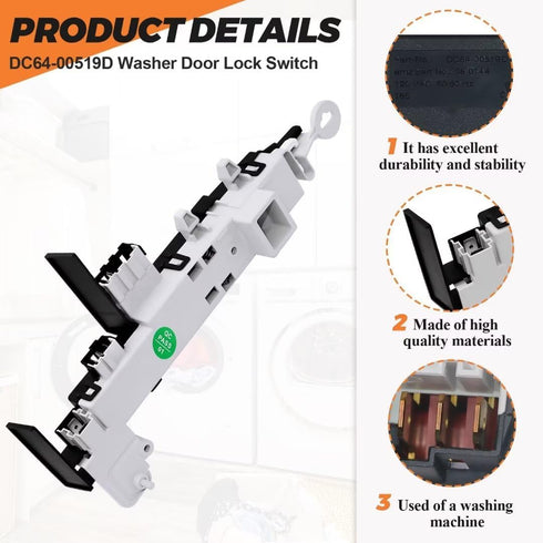 Beaquicy DC64-00519D Door Lock Switch OEM replacement exact fit Samsung washer model wf42h5200aw, wa48j7700aw/a2, wv55m9600av/a5, wf45n5300av/us
