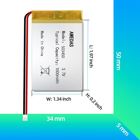 (3 Pack 503450 Battery 1000 mAh 503450 Lipo Battery 3.7v 503450 Lipo battery Compatible for Multiple Device 503450 Replacement Batteries with PH 2...