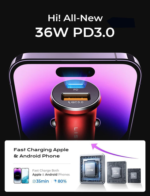 LISEN 2-Pack USB C Car Charger Adapter Fast Charge, 48W All Metal Cigarette Lighter USB Charger Smallest Flush Fit Car Charger USB C for iPhone 14...