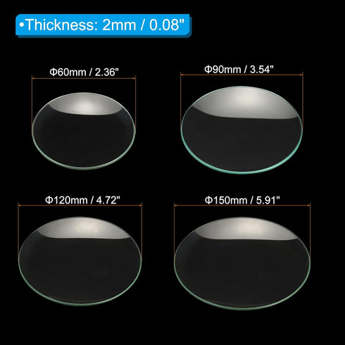 PATIKIL 60/90/120/150mm Diameter Watch Glass, 1 Set Beaker Cover Smooth Edges Chamfered Arc for Laboratory, Transparent...