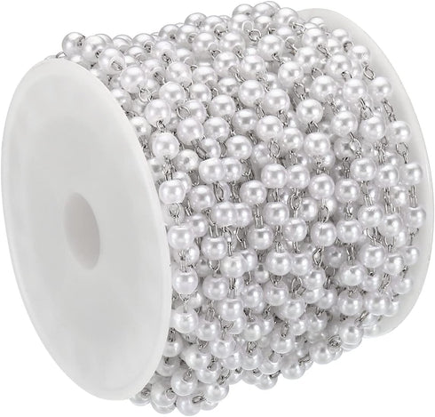 PATIKIL 5m/16 Feet Faux Pearl Beading Chain with Spool, 4mm Brass Chain Link for Jewelry Making DIY Necklace Bracelet Accessories Style 1, Silver...