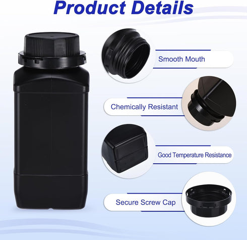 PATIKIL 2 Pcs 1000ml Reagent Bottles, HDPE Wide Mouth Square Bottles with Screw Cap for Lab Water Reagent Liquids Solid Sample Storage Seal, Black...