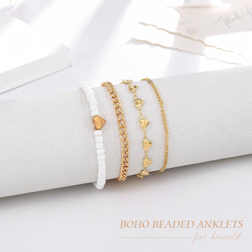 Adzoni Gold Ankle Bracelets for Women 4Pcs 14K Gold Plated Anklets Layered Beaded Chains Waterproof Anklets Set Summer Beach Jewelry Gift for Wome...