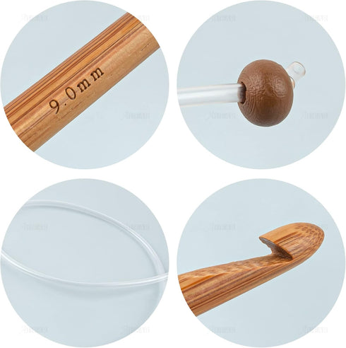 AUEAR, Set of 12 Size Bamboo Knitting Needles Tunisian Afghan Crochet Hook with Plastic Cable 3mm to 10mm Carpet Rug Weave Carbonized (Clear)...