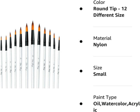 Acrylic Paint Brushes Set, 12pcs Professional Round-Pointed Tip Artist Paintbrushes for Acrylic Watercolor Oil Painting, Face Body Nail Art, Craft...
