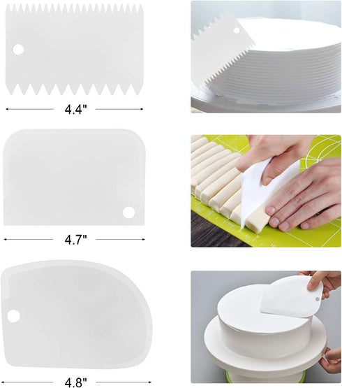 4 Packs Offset Spatula, Stainless Steel Cake Icing Spatula Set 4” 6” 8” 10”with Wooden Handle and 3 Packs Cake Smoother Scraper Set for Cake Decor...