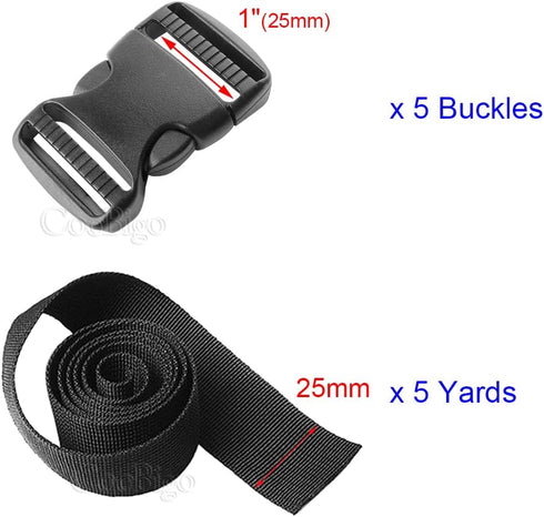 5 Pack 1" Side Release Buckle Dual Adjustable 5 Yards 1" PP Strap Webbing Outdoor Camping Backpack Sleeping Bag Tent Belt Tied Band Accessories #C...